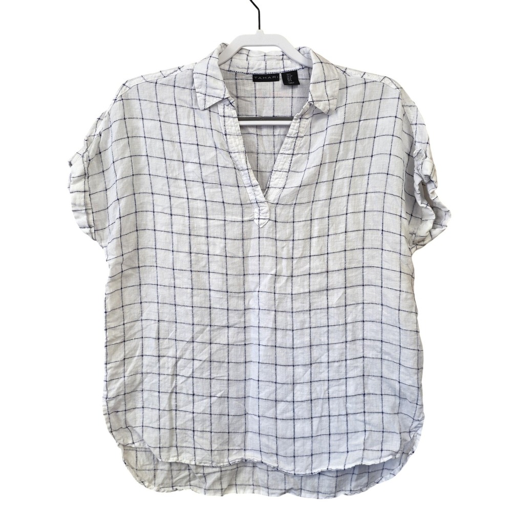 Tahari 100% Linen Tunic Top Women S White Check Collared Beachy Resort Lagenlook - Picture 2 of 8
